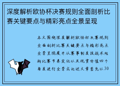 深度解析欧协杯决赛规则全面剖析比赛关键要点与精彩亮点全景呈现